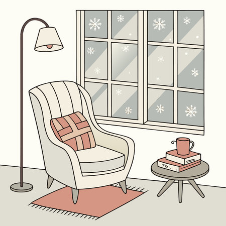 Illustration of a living room interior with a comfortable armchair, a coffee cup, a table and a window.のイラスト素材