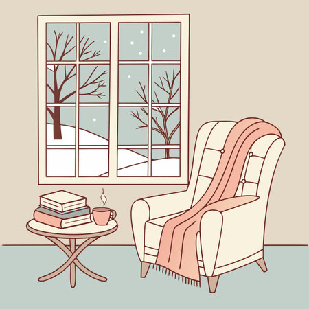 Living room interior with armchair, coffee cup and books. Vector illustration.のイラスト素材