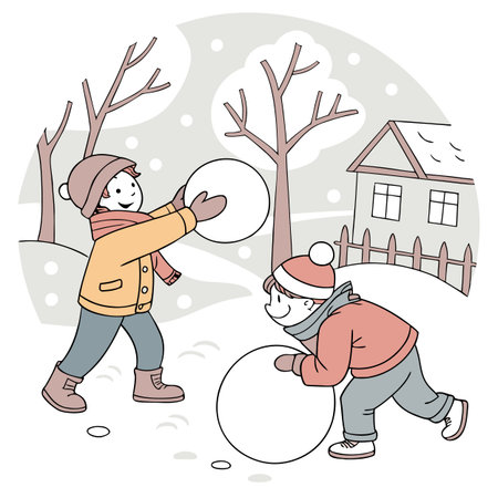 Children playing snowballs in the park. Vector illustration of a boy and a girl playing snowballs.のイラスト素材