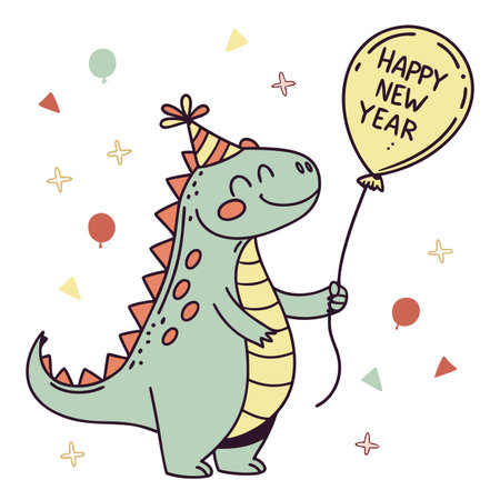 Cute dinosaur with a balloon and text Happy New Year. Vector illustration.のイラスト素材