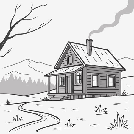 Cottage in the mountains. Vector illustration in black and white colors.のイラスト素材