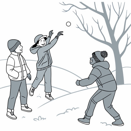 Children playing snowballs in the winter park. Vector illustration in hand drawn style.のイラスト素材