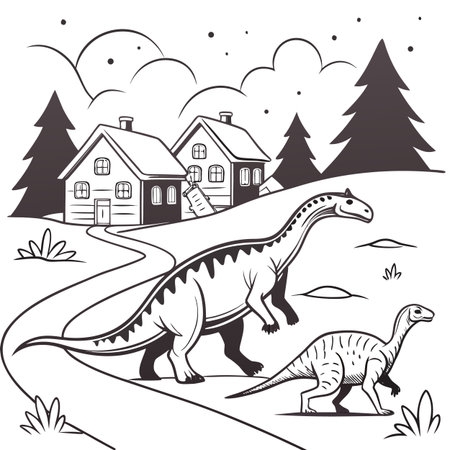 Dinosaur and house in the forest. Vector illustration in black and white.のイラスト素材