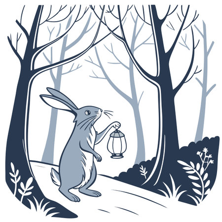 Easter bunny with a lantern in the forest. Vector illustration.のイラスト素材