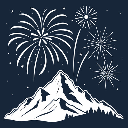 Mountain with fireworks and pine trees. Vector illustration for your designのイラスト素材