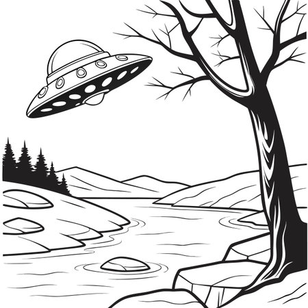 UFO flying over the river. Vector illustration in black and whiteのイラスト素材