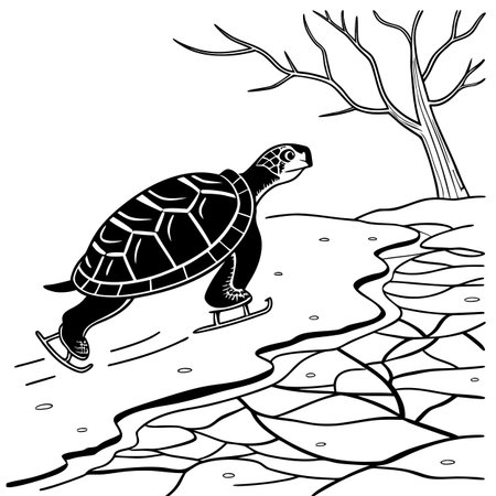 Black and White Cartoon Illustration of Ice Skating Turtle or Turtle for Coloring Bookのイラスト素材