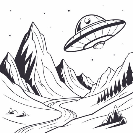 UFO flying over mountains. Vector illustration in black and white.のイラスト素材