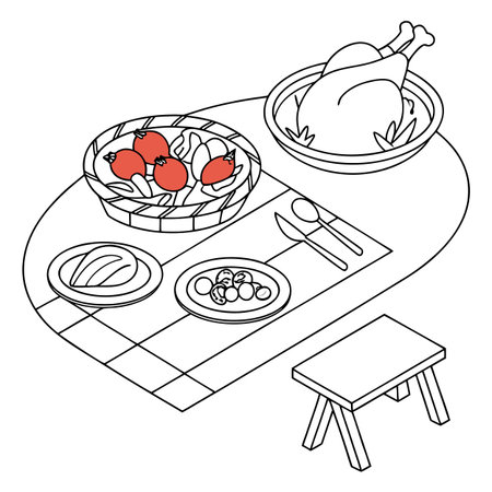 Thanksgiving day dinner with turkey and vegetables. Vector outline illustration.のイラスト素材