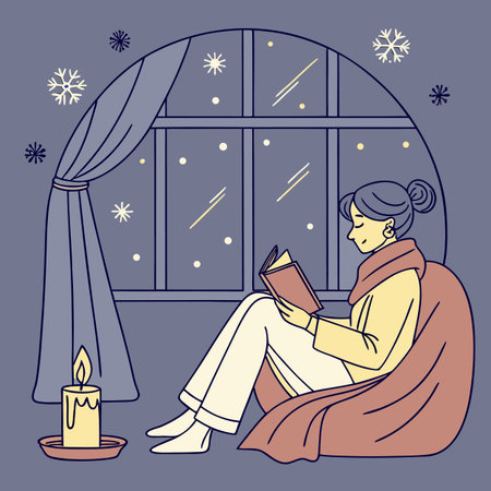 Girl reading a book by the window in winter. Vector illustration.のイラスト素材