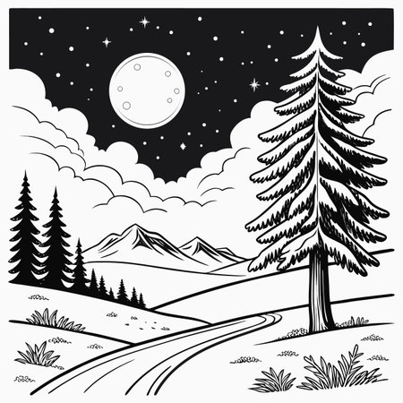 Pine trees and mountains in the night sky. Vector illustration.のイラスト素材