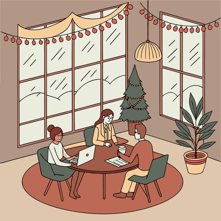Business people sitting in cafe and discussing business plan. Vector illustration.のイラスト素材