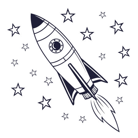 space rocket with stars icon cartoon vector illustration graphic design in black and whiteのイラスト素材