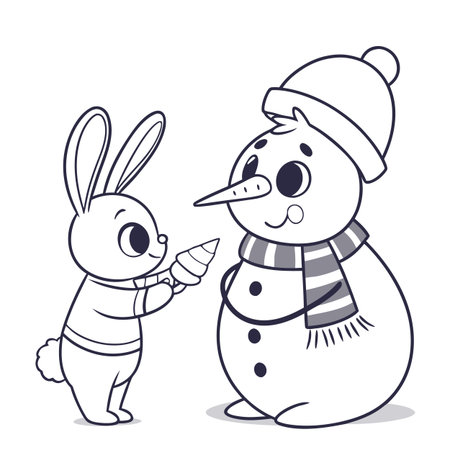 Vector illustration of cute snowman and hare with carrot in handのイラスト素材