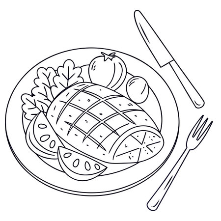 Illustration of a chicken fillet on a plate with salad.のイラスト素材