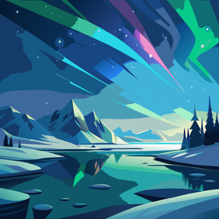 Fantastic night landscape with lake and mountains, vector illustration.のイラスト素材