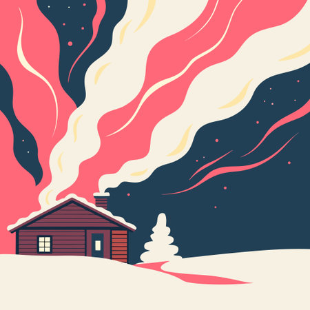 Winter landscape with house and falling snow. Vector illustration in flat style.のイラスト素材