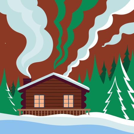 Winter landscape with wooden house and smoking chimney. Vector illustration.のイラスト素材