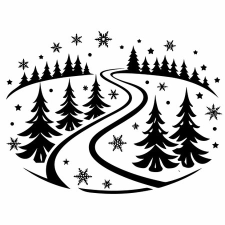 Winter landscape with fir trees and snowflakes. Vector illustration.のイラスト素材