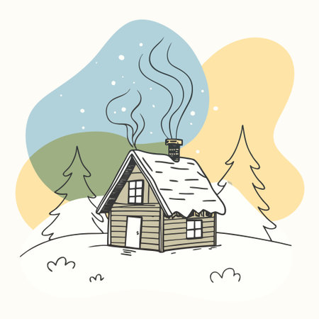 Cottage in the mountains. Vector hand drawn illustration in doodle style.のイラスト素材