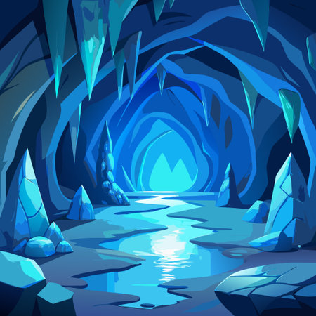 Cartoon cave with ice and blue water. Vector illustration of a cave.のイラスト素材