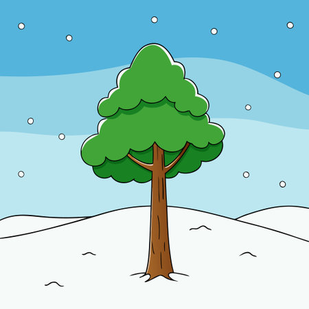 Winter landscape with tree and snowflakes. Vector illustration in cartoon style.のイラスト素材