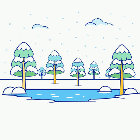 Winter landscape with trees, river and snowfall. Vector illustration.のイラスト素材