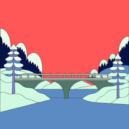 Vector illustration of the bridge over the river in the winter forest.のイラスト素材