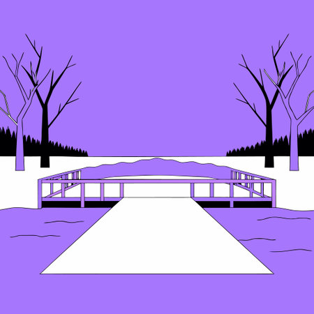 Vector illustration of a bridge over the river in the winter forest.のイラスト素材