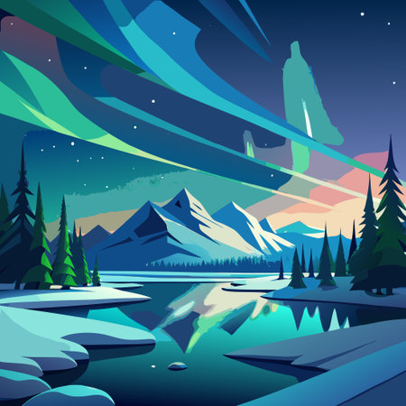 Night landscape with mountains, forest and lake. Vector cartoon illustration.のイラスト素材
