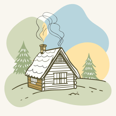 Wooden house in the mountains. Vector illustration in retro style.のイラスト素材