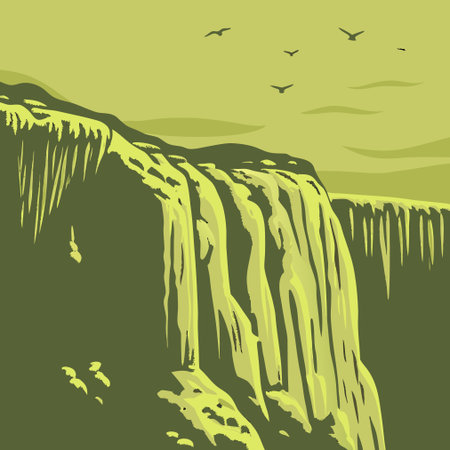Winter landscape with a waterfall and a flock of birds. Vector illustrationのイラスト素材