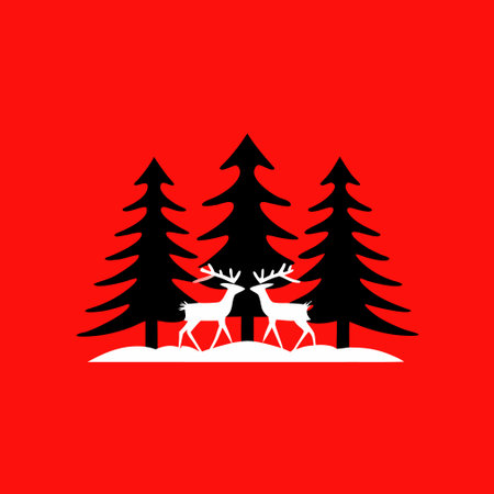 Christmas card with reindeer and fir trees. Vector illustration.のイラスト素材
