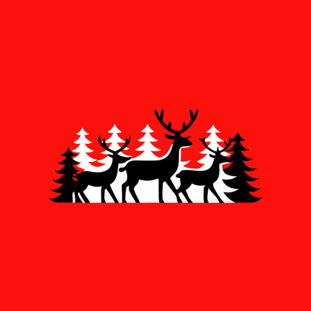 Christmas card with deer and pine trees on red background. Vector illustration.のイラスト素材