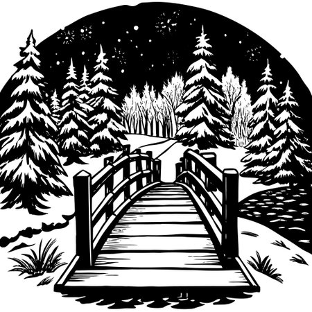 Wooden Bridge in the Forest. Black and White Vector Illustration.のイラスト素材