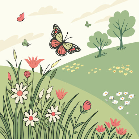Spring landscape with flowers, grass and butterflies. Vector illustration for your designのイラスト素材