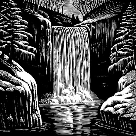 Frozen waterfall in the forest. Black and white vector illustration.のイラスト素材