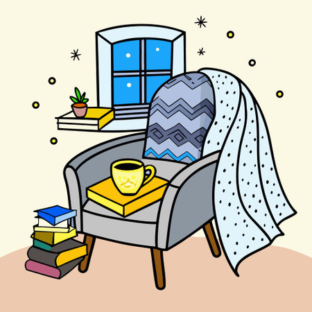 Vector illustration of a cozy armchair with a book, a cup of coffee and a pillow.のイラスト素材