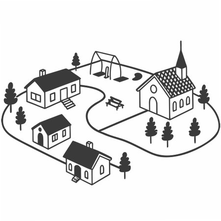Vector illustration of a small village with houses, trees and a benchのイラスト素材