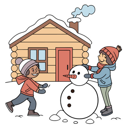 Children building a snowman in front of a wooden house. Vector illustration.のイラスト素材