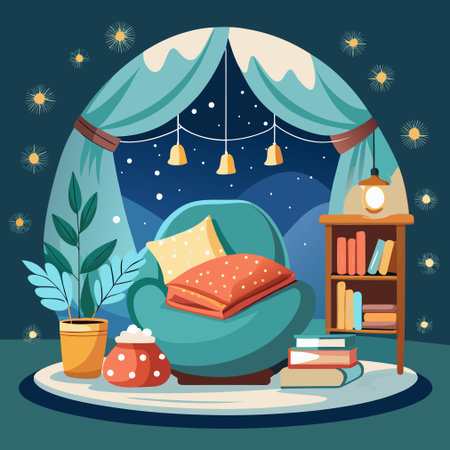 Living room interior with cozy armchair, bookshelf, clock, potted plant and night lamp. Vector illustration in flat styleのイラスト素材