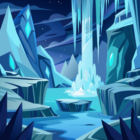 Cartoon landscape with ice cave and waterfall. Vector illustration for your designのイラスト素材