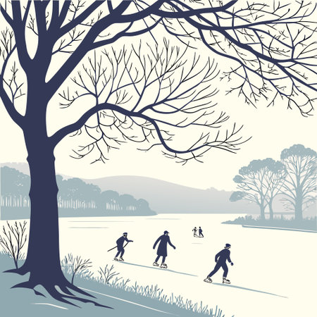 Winter landscape with ice skaters and trees. Vector illustration. Eps 10.のイラスト素材