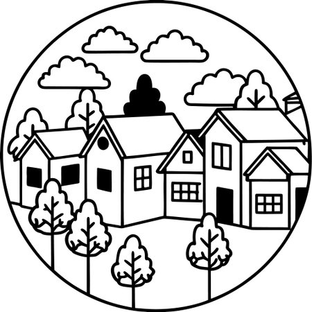 Black and white illustration of a small town with trees in the backgroundのイラスト素材