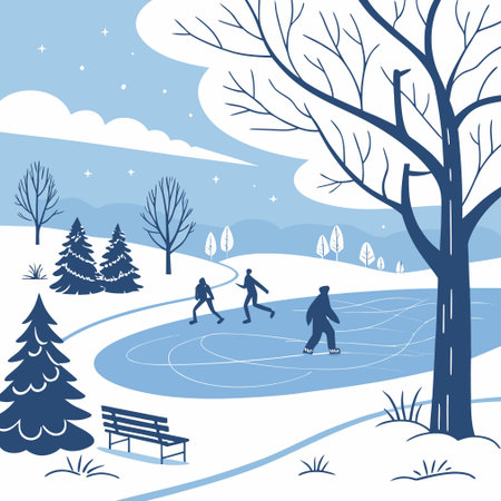 Winter landscape with ice skaters. Vector illustration in flat style.のイラスト素材