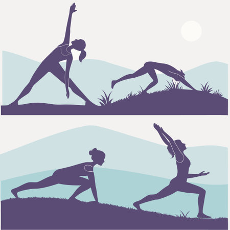 Silhouettes of women practicing yoga in nature. Vector illustration.のイラスト素材