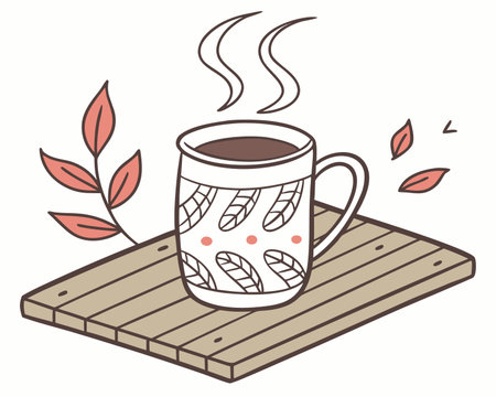 coffee cup with leafs on wooden table vector illustration desingのイラスト素材