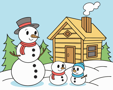 Snowman family in front of a wooden house. Vector illustration.のイラスト素材