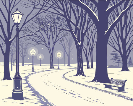 Winter alley in the park with a bench and lantern, vector illustrationのイラスト素材