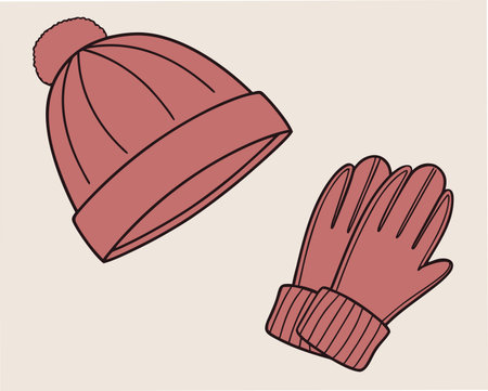 Winter hat, gloves and scarf. Vector illustration in hand drawn style.のイラスト素材